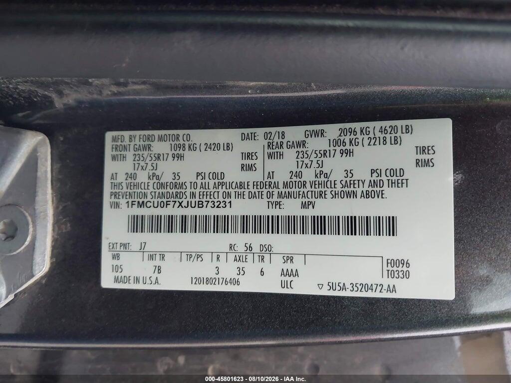 1FMCU0F7XJUB73231 2018 FORD ESCAPE photo no. 9