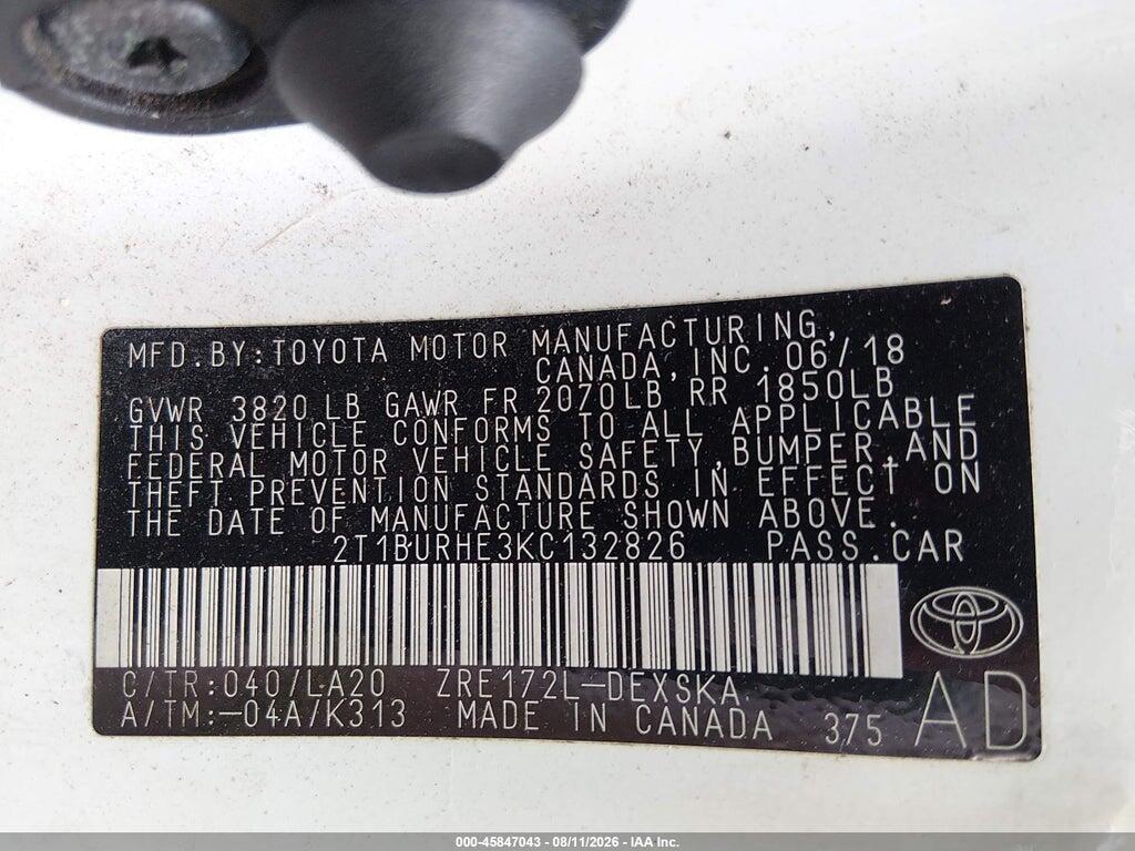 2T1BURHE3KC132826 2019 TOYOTA COROLLA photo no. 9