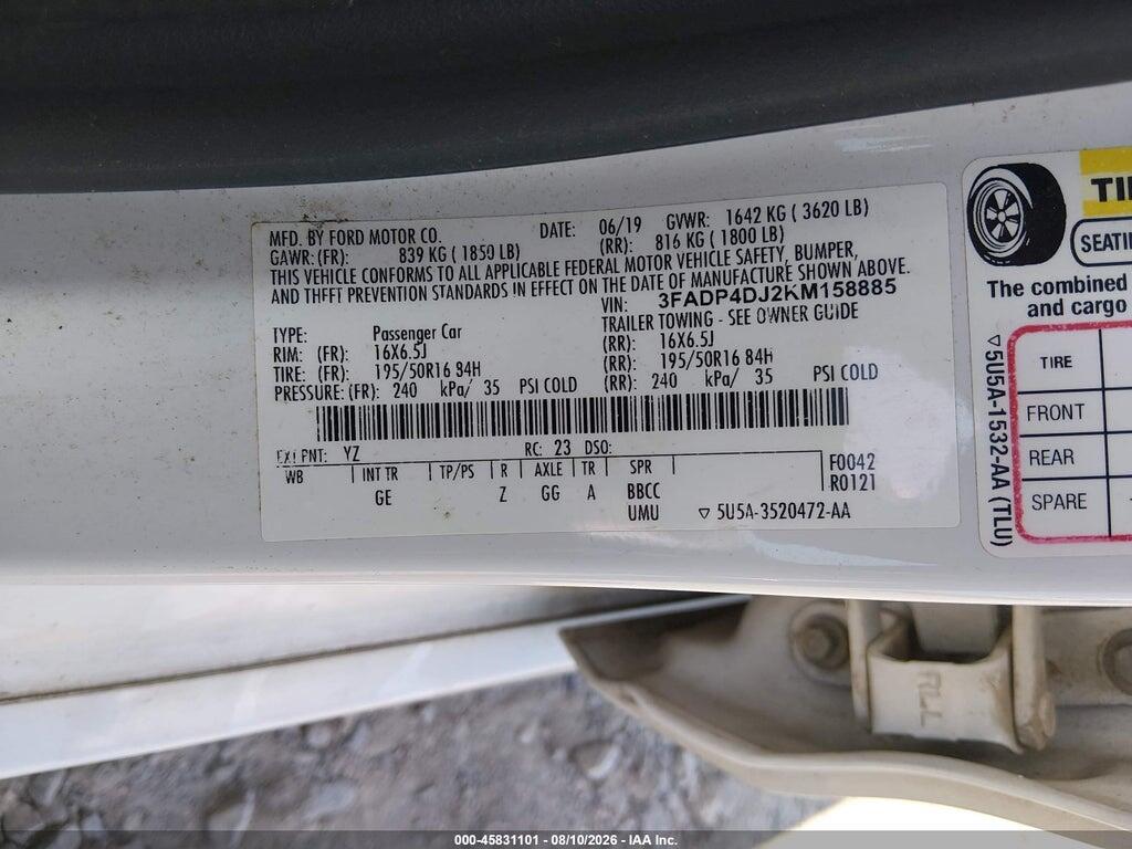 3FADP4DJ2KM158885 2019 FORD FIESTA photo no. 9