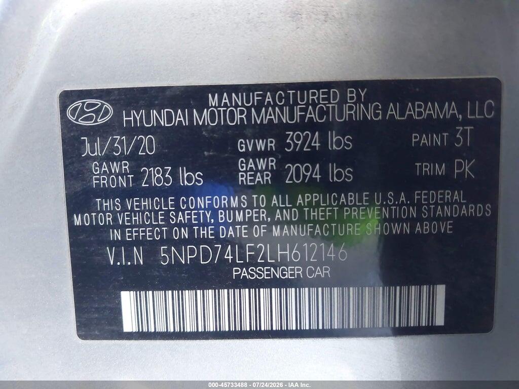 5NPD74LF2LH612146 2020 HYUNDAI ELANTRA photo no. 9