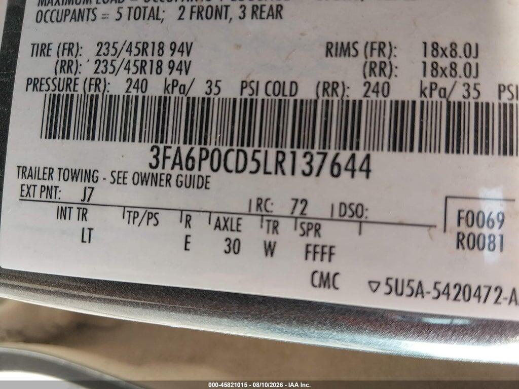 3FA6P0CD5LR137644 2020 FORD FUSION photo no. 9