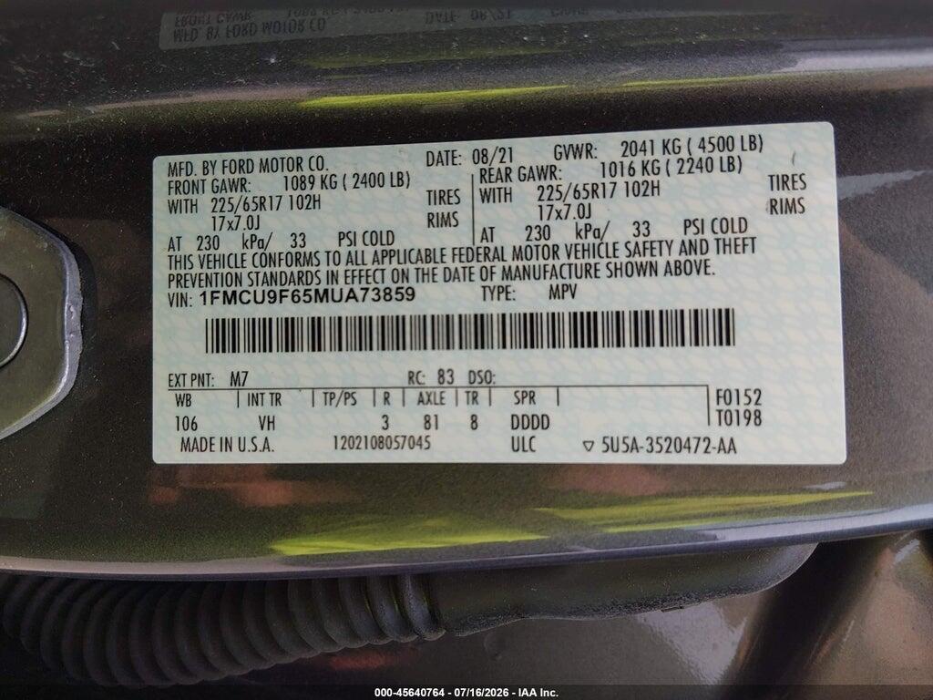 1FMCU9F65MUA73859 2021 FORD ESCAPE photo no. 9