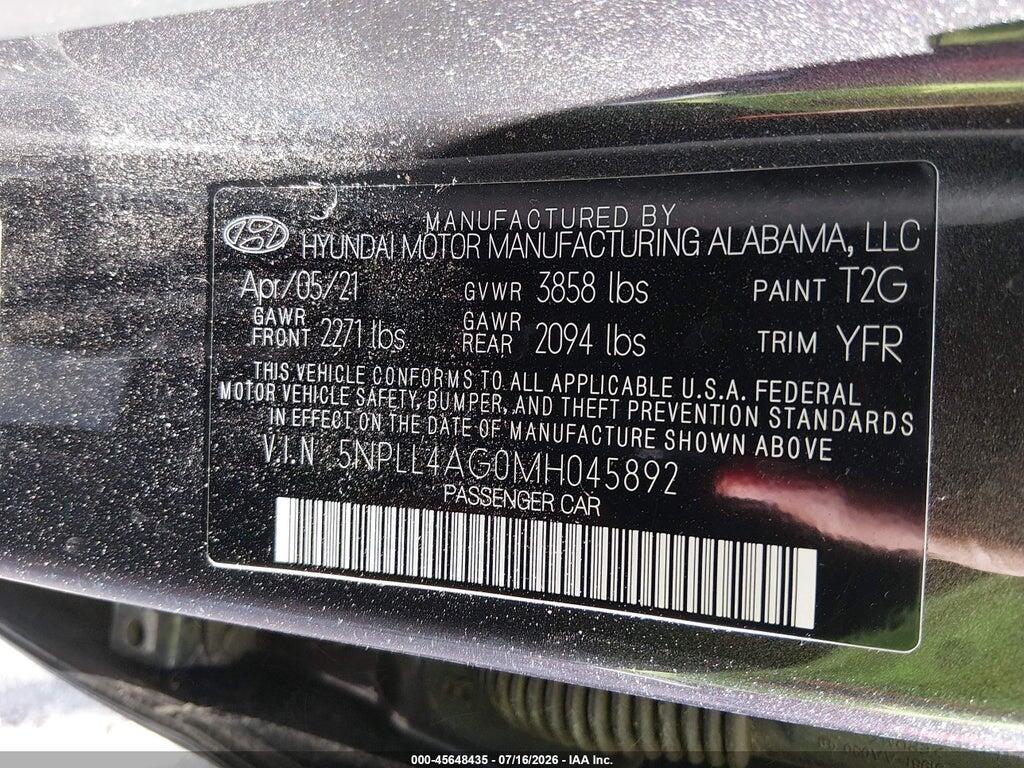 5NPLL4AG0MH045892 2021 HYUNDAI ELANTRA photo no. 9