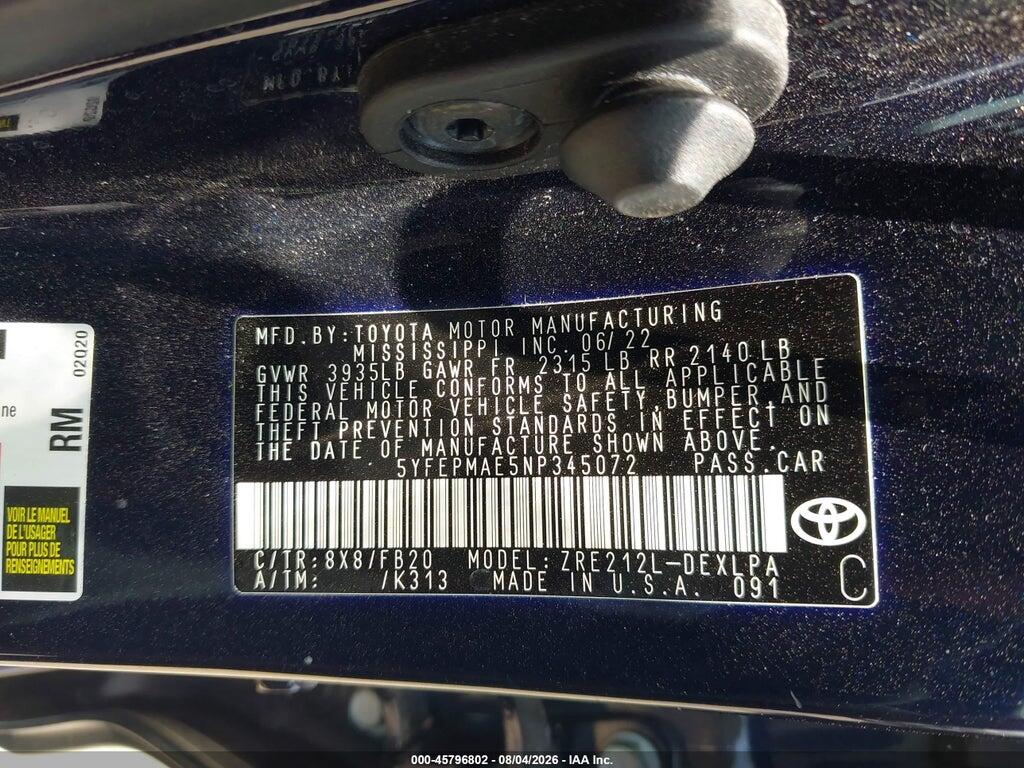 5YFEPMAE5NP345072 2022 TOYOTA COROLLA photo no. 9
