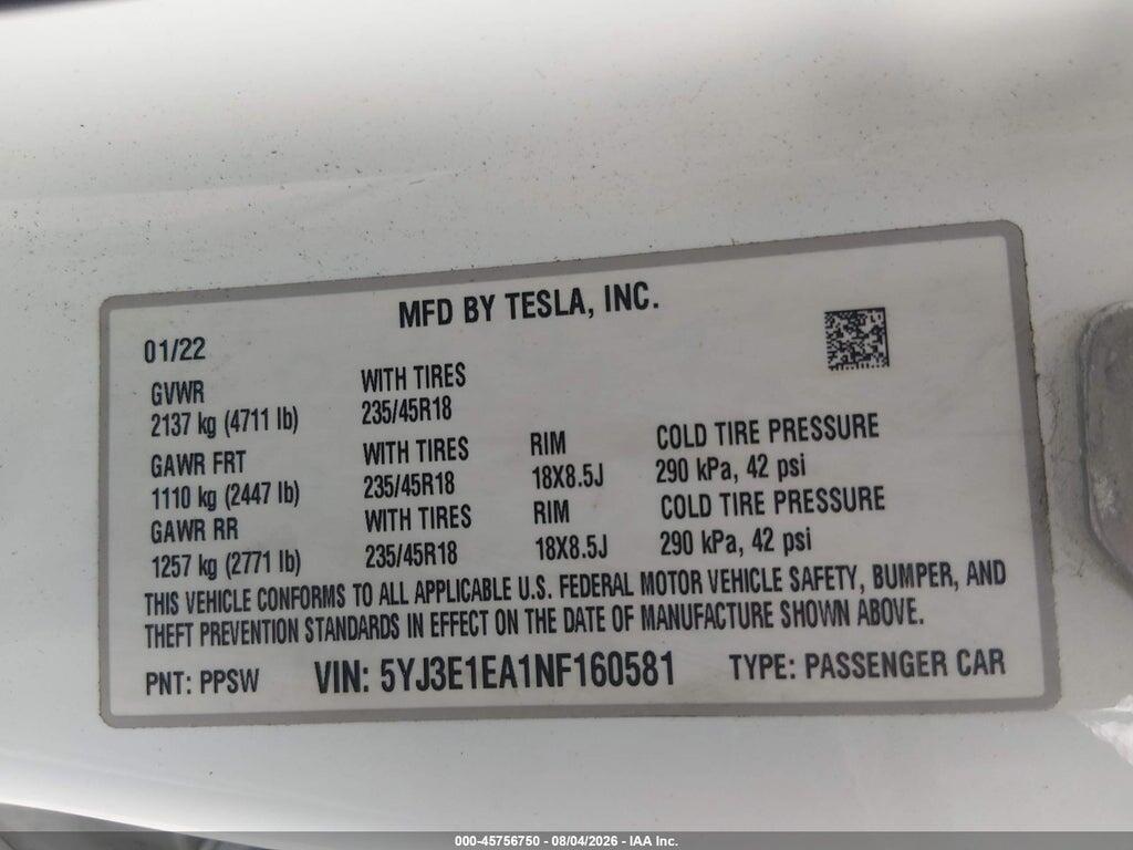 5YJ3E1EA1NF160581 2022 TESLA MODEL 3 photo no. 9