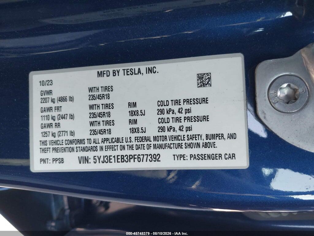 5YJ3E1EB3PF677392 2023 TESLA MODEL 3 photo no. 9