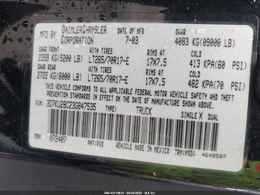3D7KU28C23G847535 2003 DODGE RAM 2500 photo no. 9