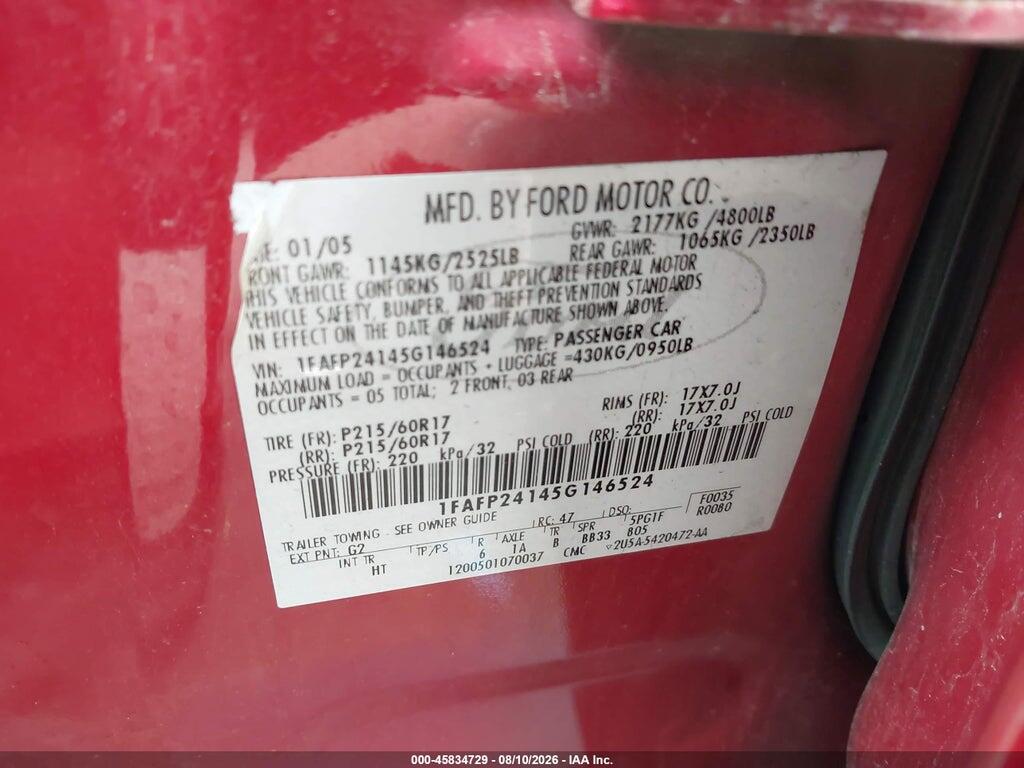 1FAFP24145G146524 2005 FORD FIVE HUNDRED photo no. 9