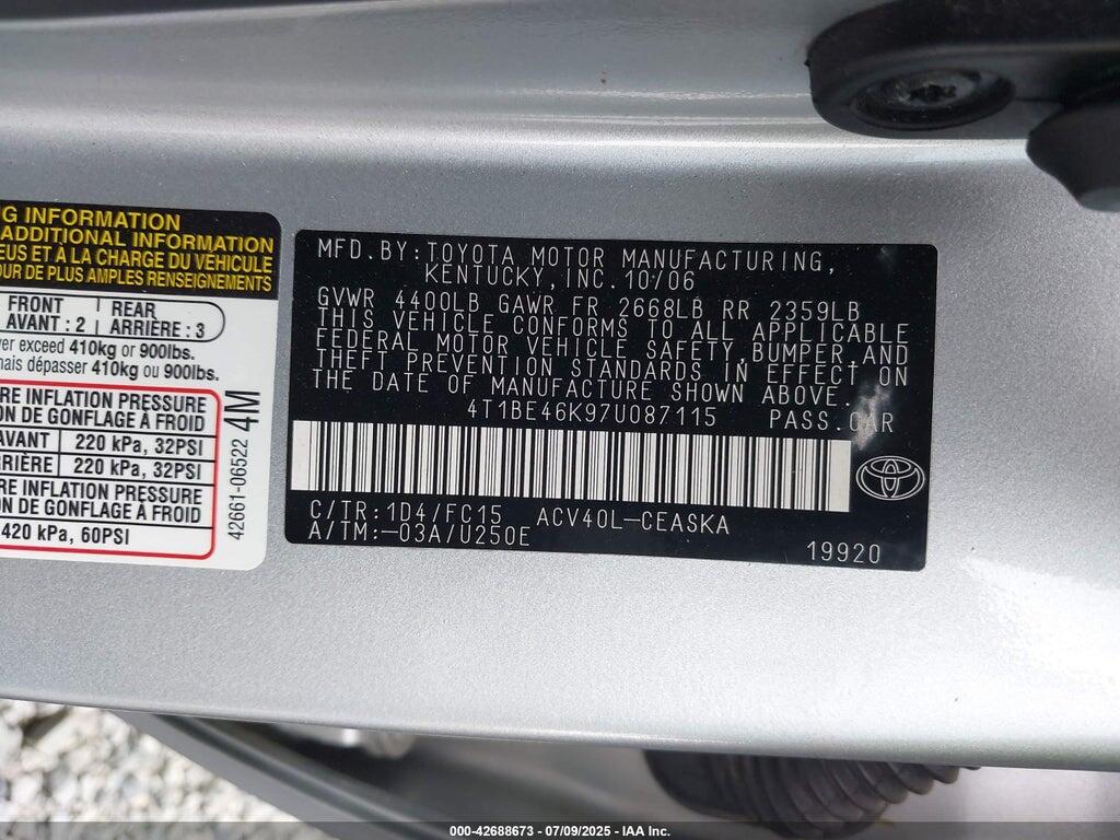 4T1BE46K97U087115 2007 TOYOTA CAMRY photo no. 9