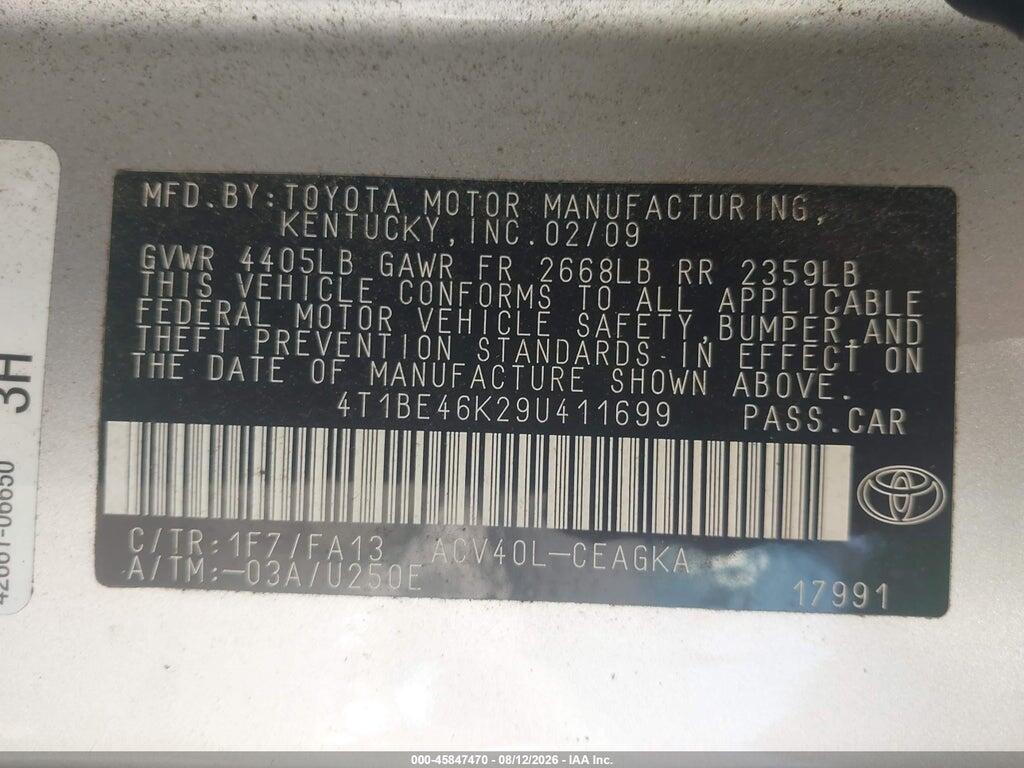 4T1BE46K29U411699 2009 TOYOTA CAMRY photo no. 9