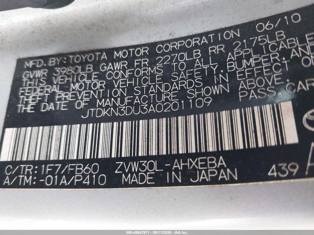 JTDKN3DU3A0201109 2010 TOYOTA PRIUS photo no. 9