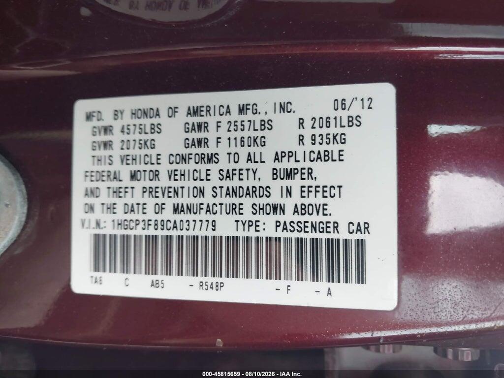 1HGCP3F89CA037779 2012 HONDA ACCORD photo no. 9
