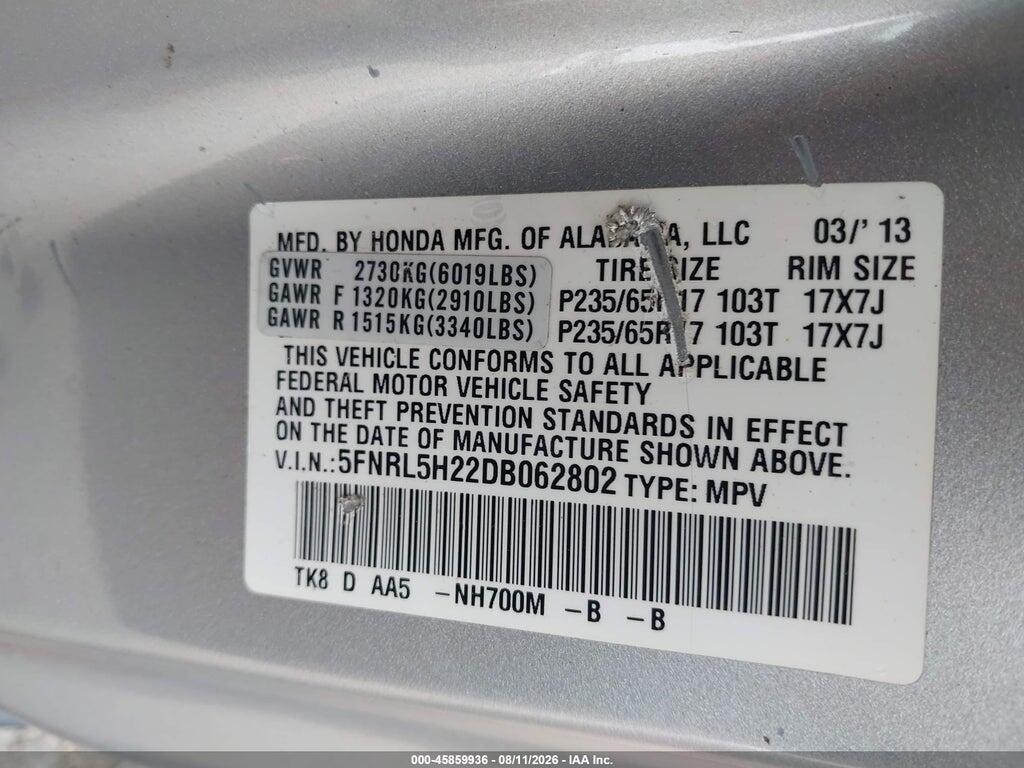 5FNRL5H22DB062802 2013 HONDA ODYSSEY photo no. 9