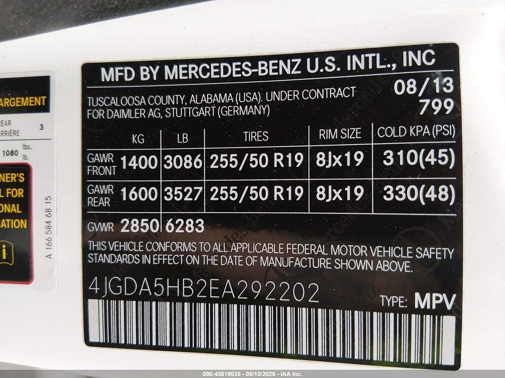 4JGDA5HB2EA292202 2014 MERCEDES-BENZ ML 350 photo no. 9