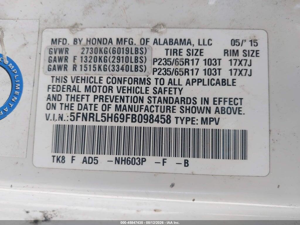 5FNRL5H69FB098458 2015 HONDA ODYSSEY photo no. 9