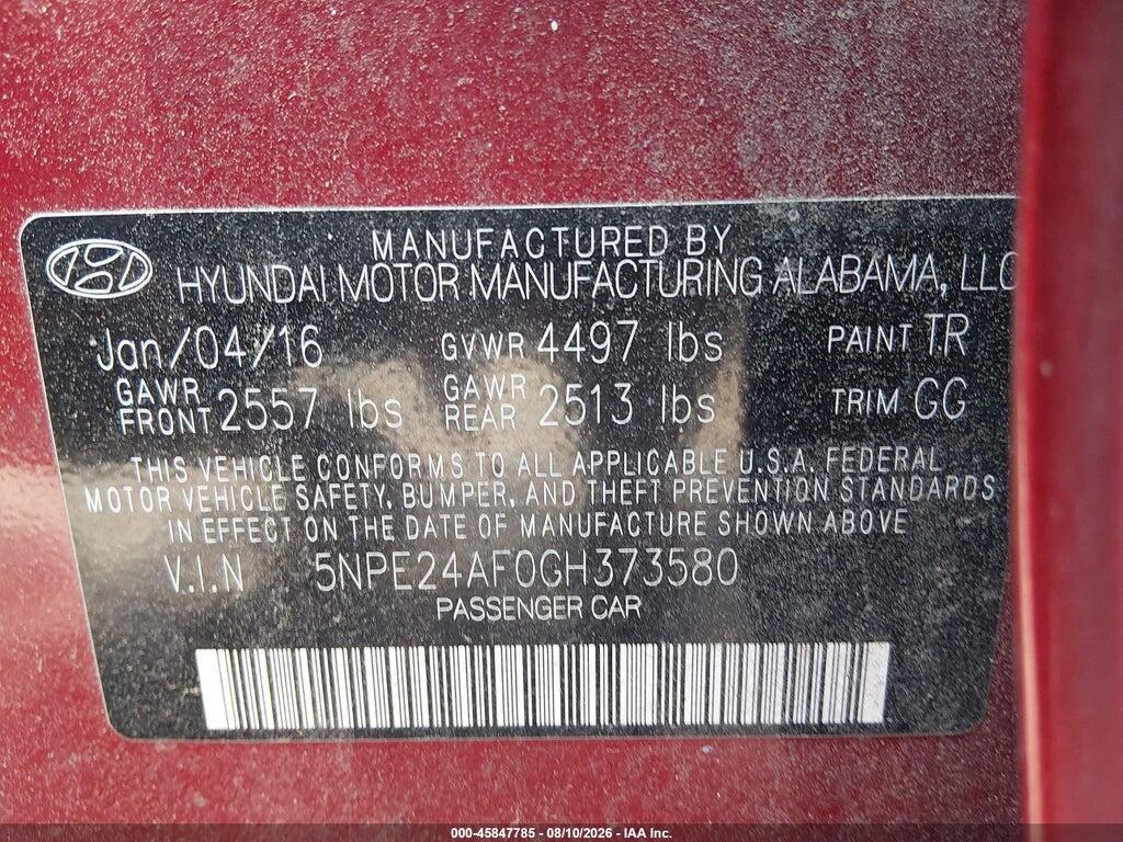 5NPE24AF0GH373580 2016 HYUNDAI SONATA photo no. 9