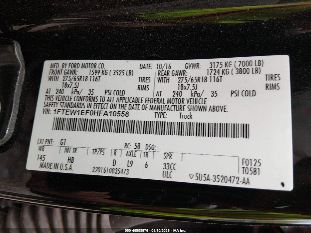 1FTEW1EF0HFA10558 2017 FORD F-150 photo no. 9