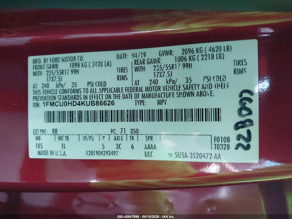 1FMCU0HD4KUB86626 2019 FORD ESCAPE photo no. 9
