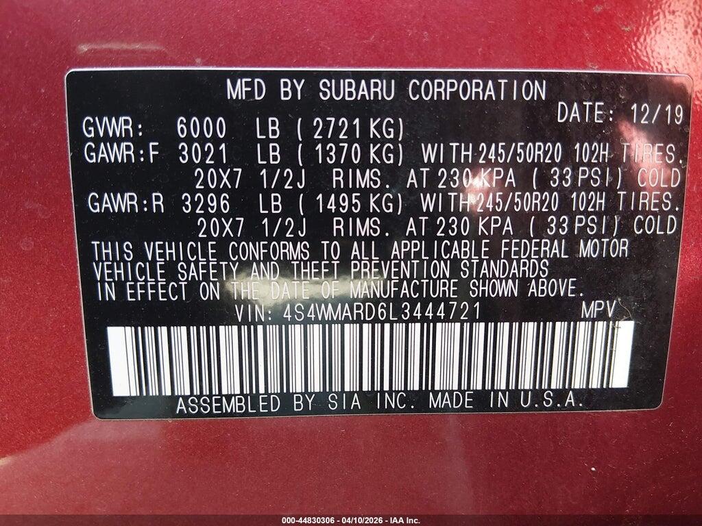 4S4WMARD6L3444721 2020 SUBARU ASCENT photo no. 9