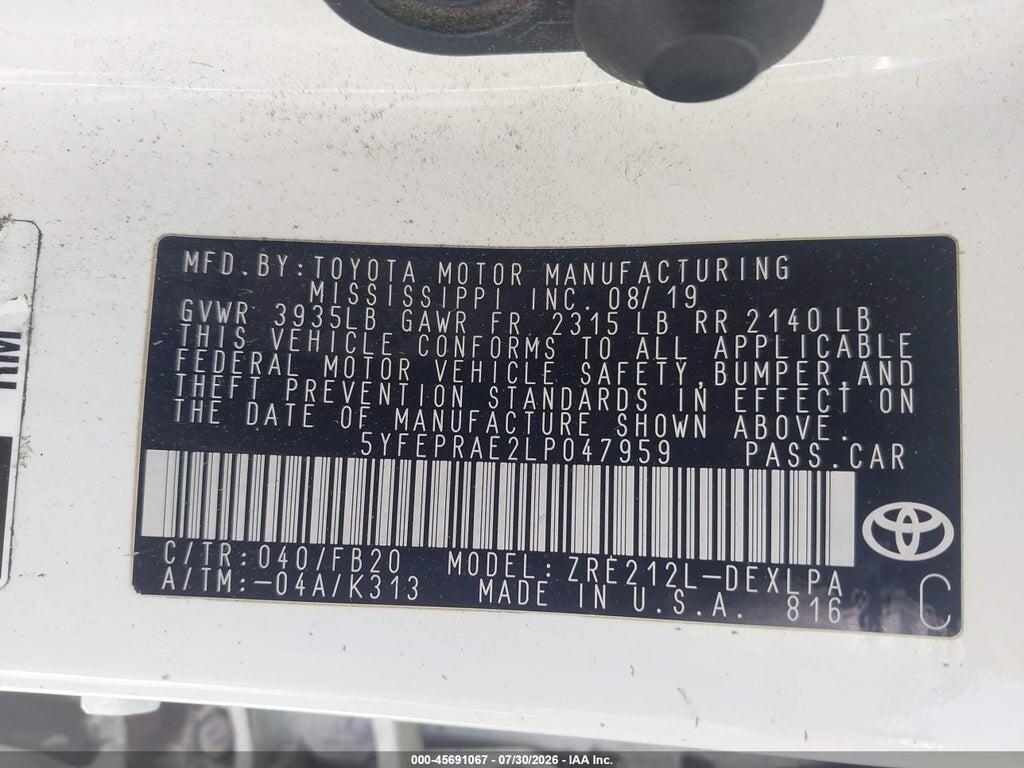5YFEPRAE2LP047959 2020 TOYOTA COROLLA photo no. 9