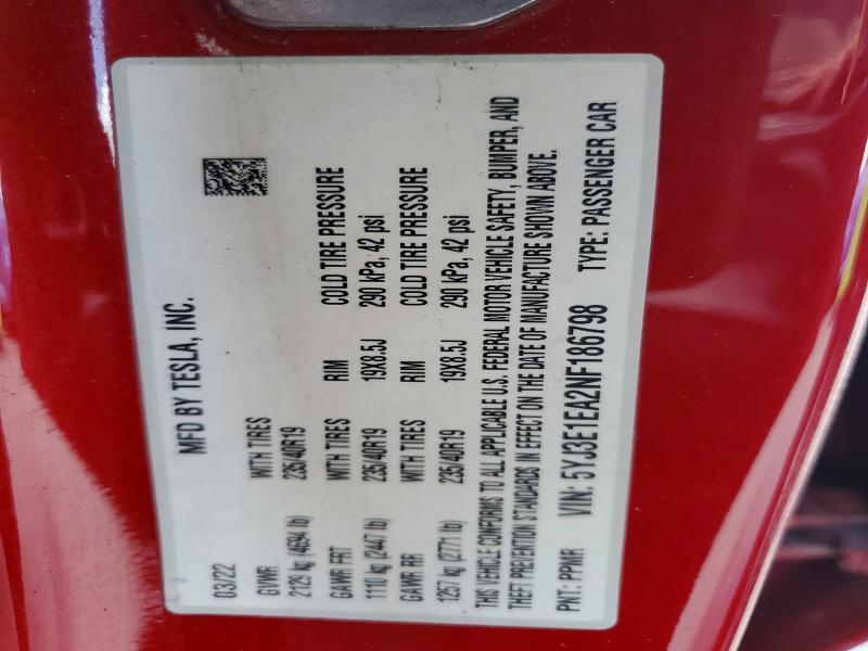 5YJ3E1EA2NF186798 2022 TESLA MODEL 3 photo no. 12