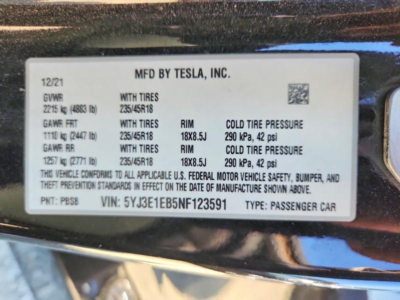 5YJ3E1EB5NF123591 2022 TESLA MODEL 3 photo no. 12