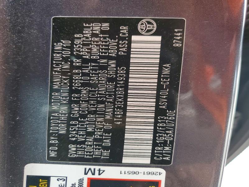 4T4BF3EKXBR149385 2011 TOYOTA CAMRY photo no. 12