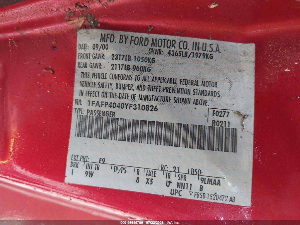 1FAFP4040YF310826 2000 FORD MUSTANG photo no. 9