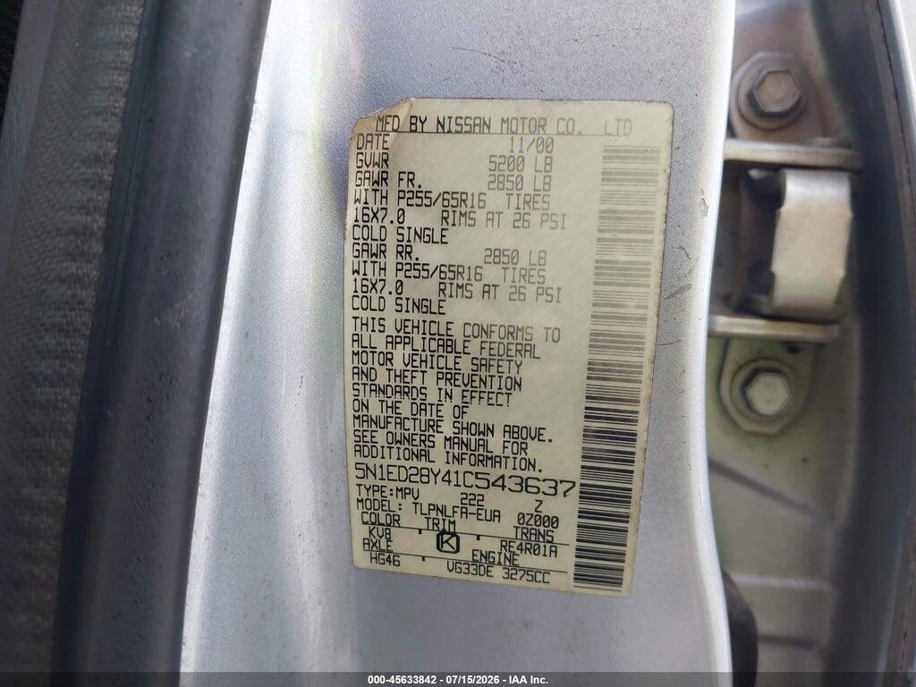 5N1ED28Y41C543637 2001 NISSAN XTERRA photo no. 9