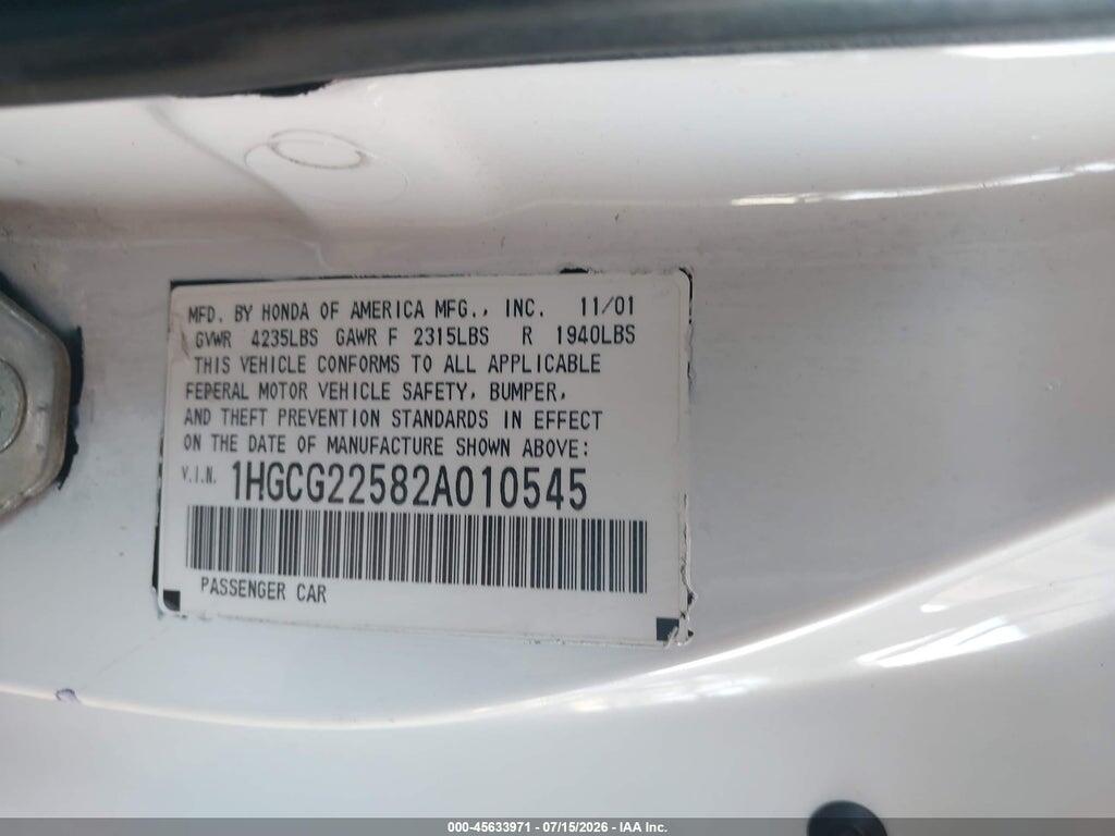 1HGCG22582A010545 2002 HONDA ACCORD photo no. 9