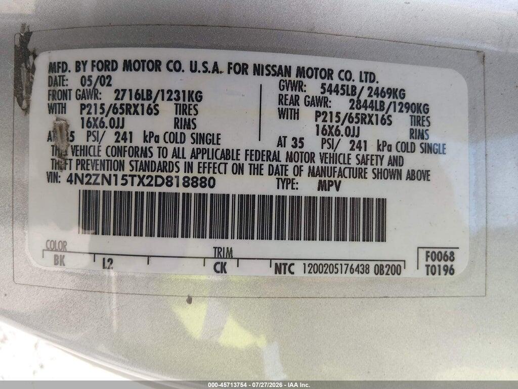 4N2ZN15TX2D818880 2002 NISSAN QUEST photo no. 9