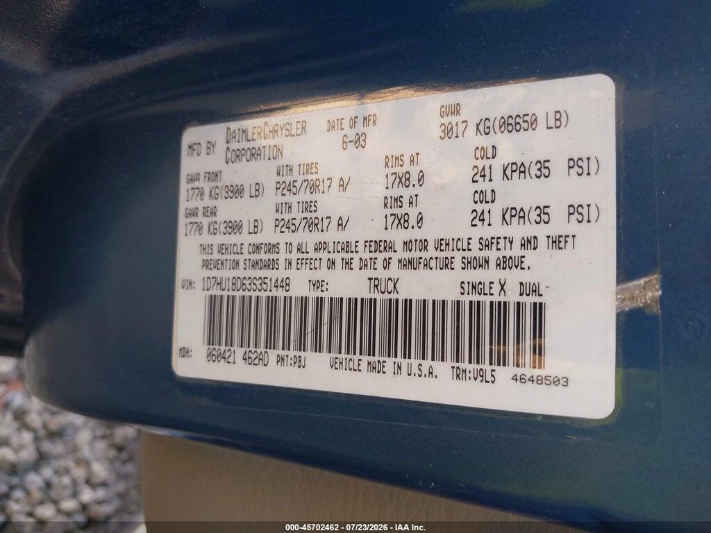 1D7HU18D63S351448 2003 DODGE RAM 1500 photo no. 9