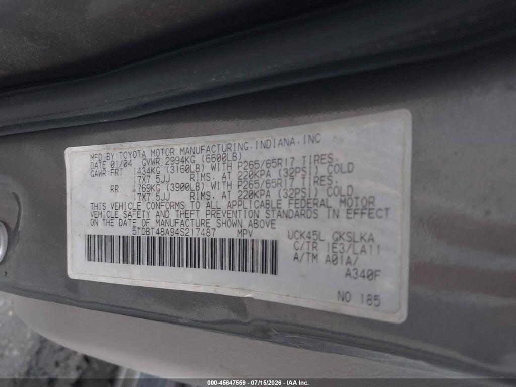 5TDBT48A94S217487 2004 TOYOTA SEQUOIA photo no. 9