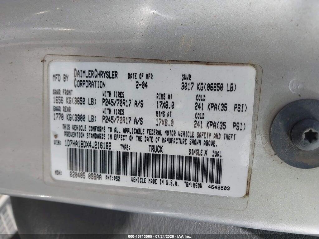 1D7HA18DX4J216182 2004 DODGE RAM 1500 photo no. 9