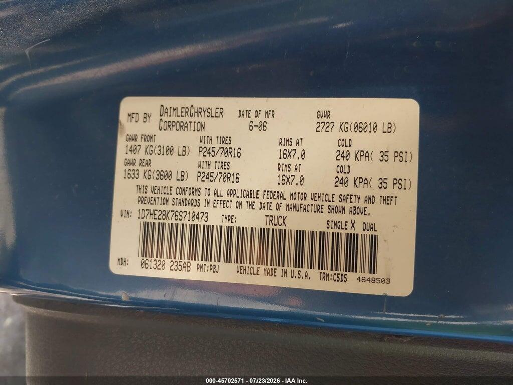 1D7HE28K76S710473 2006 DODGE DAKOTA photo no. 9