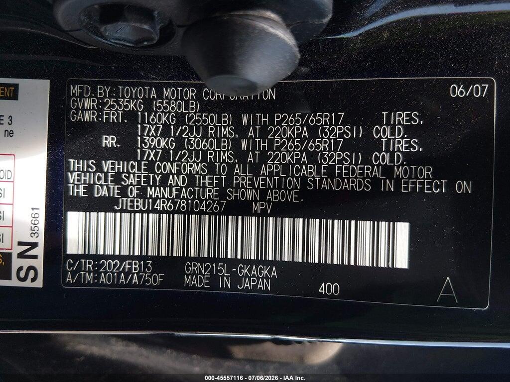 JTEBU14R678104267 2007 TOYOTA 4RUNNER photo no. 9