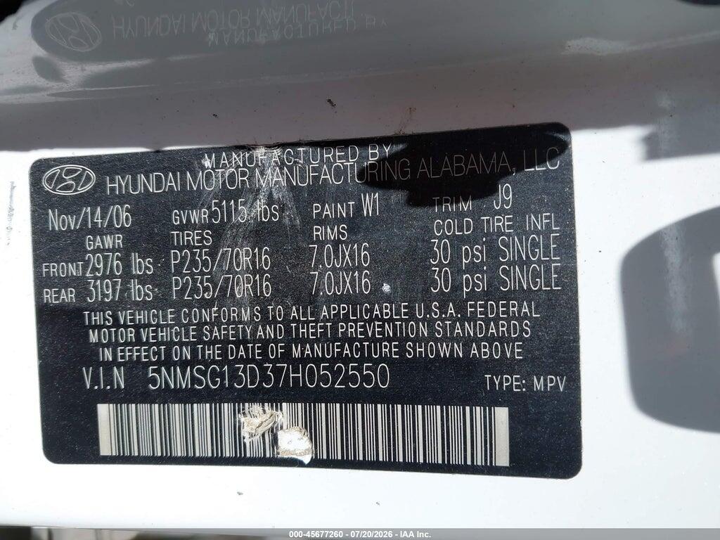 5NMSG13D37H052550 2007 HYUNDAI SANTA FE photo no. 9