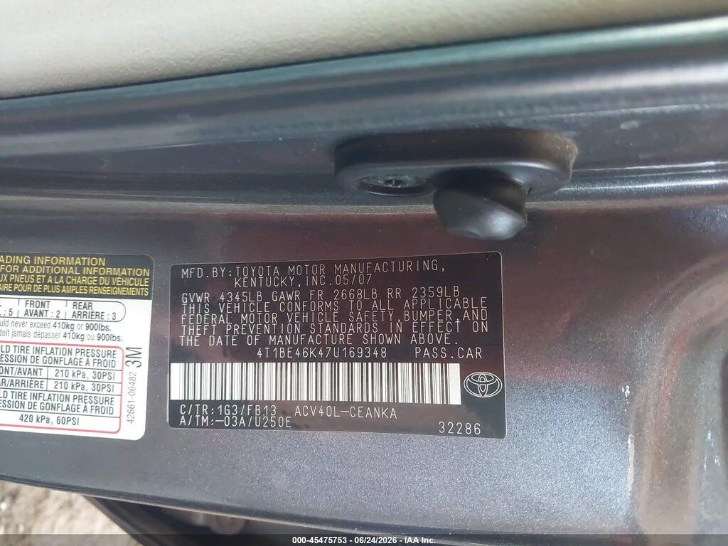 4T1BE46K47U169348 2007 TOYOTA CAMRY photo no. 9