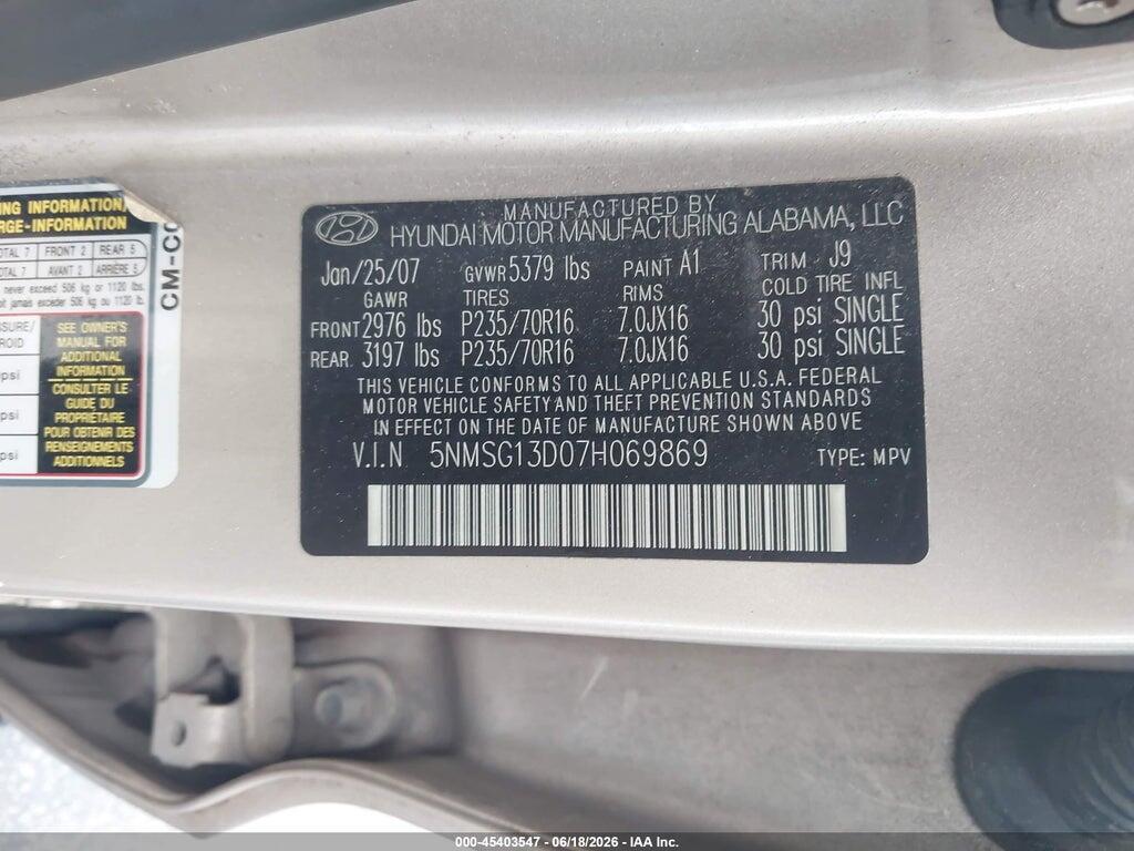 5NMSG13D07H069869 2007 HYUNDAI SANTA FE photo no. 9