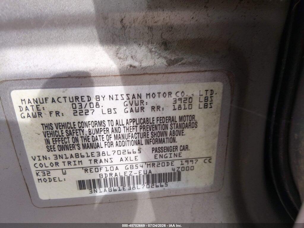3N1AB61E38L702665 2008 NISSAN SENTRA photo no. 9