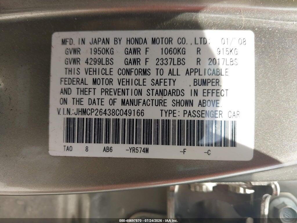 JHMCP26438C049166 2008 HONDA ACCORD photo no. 9