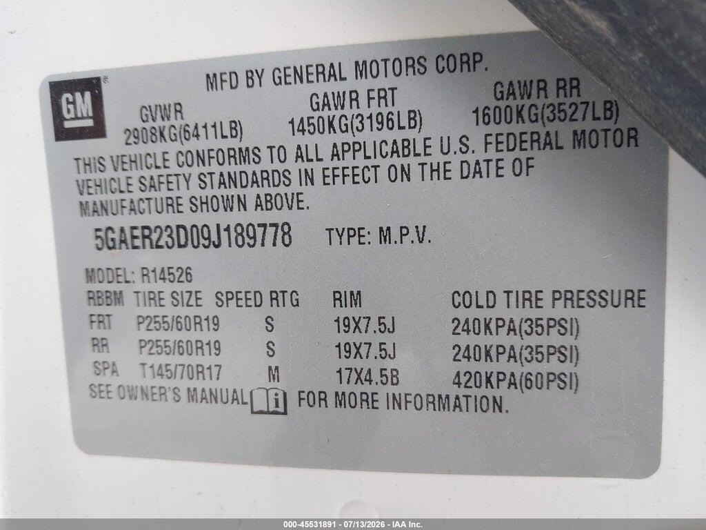 5GAER23D09J189778 2009 BUICK ENCLAVE photo no. 9