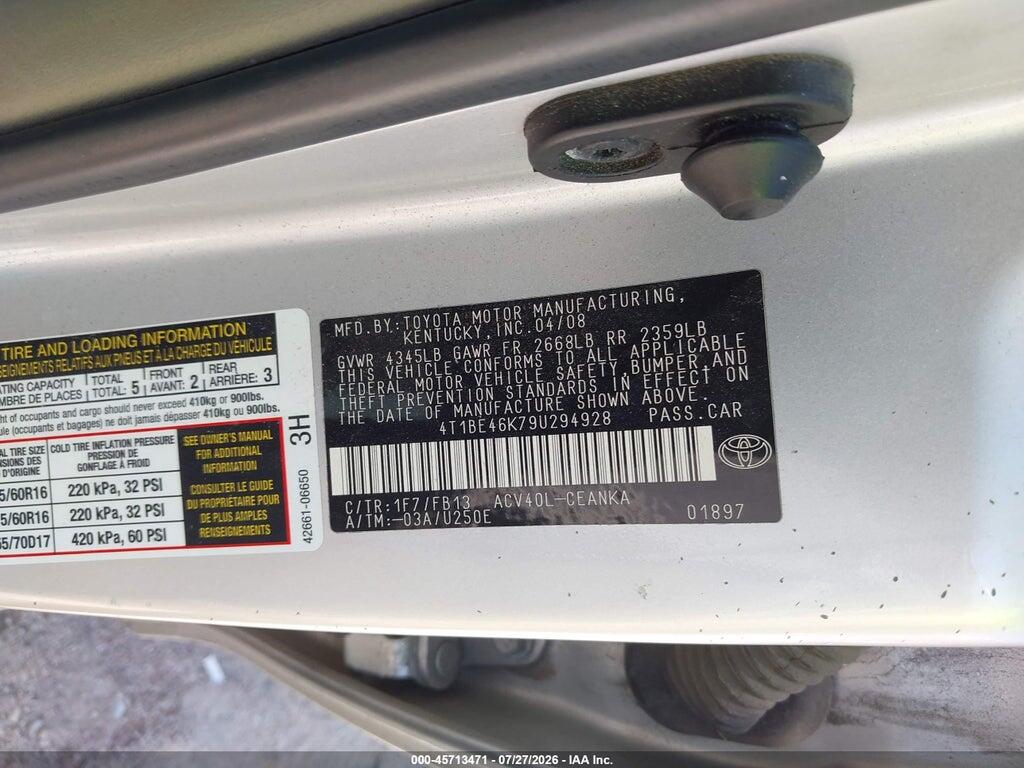 4T1BE46K79U294928 2009 TOYOTA CAMRY photo no. 9