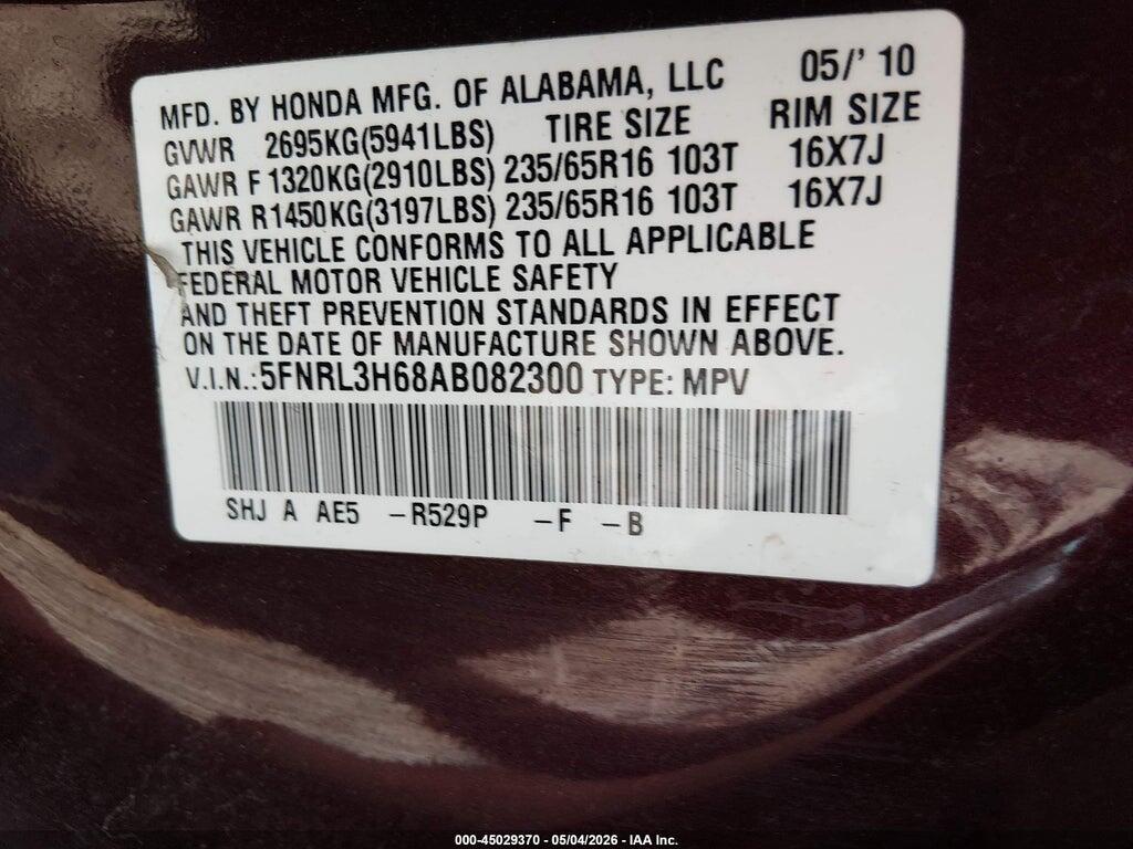 5FNRL3H68AB082300 2010 HONDA ODYSSEY photo no. 9