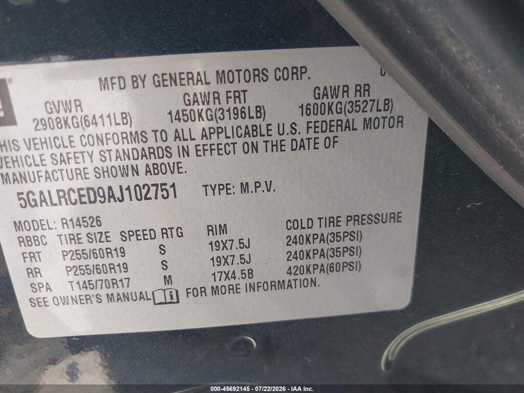5GALRCED9AJ102751 2010 BUICK ENCLAVE photo no. 9
