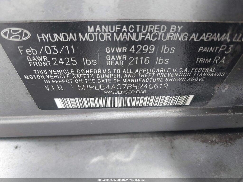 5NPEB4AC7BH240619 2011 HYUNDAI SONATA photo no. 9