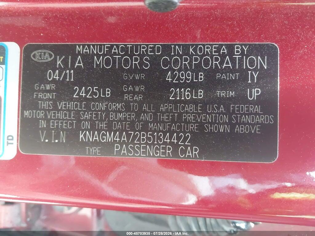 KNAGM4A72B5134422 2011 KIA OPTIMA photo no. 9