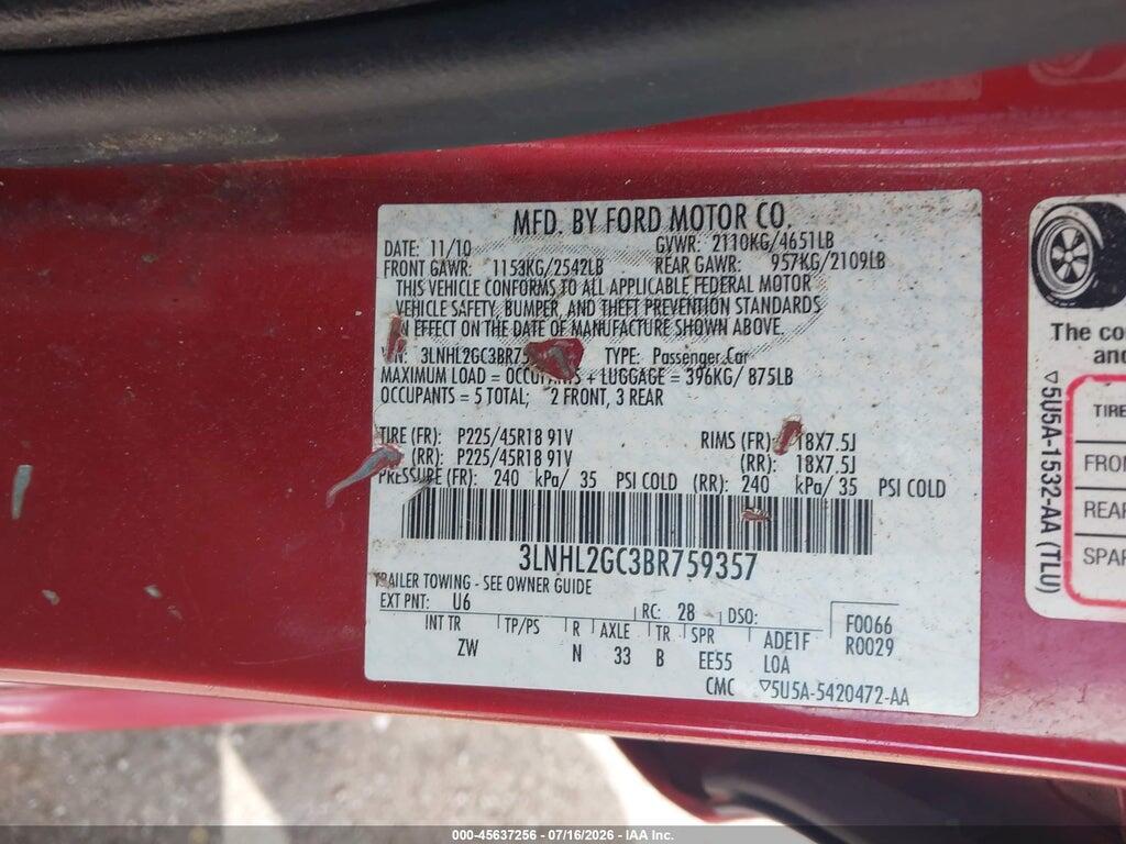 3LNHL2GC3BR759357 2011 LINCOLN MKZ photo no. 9