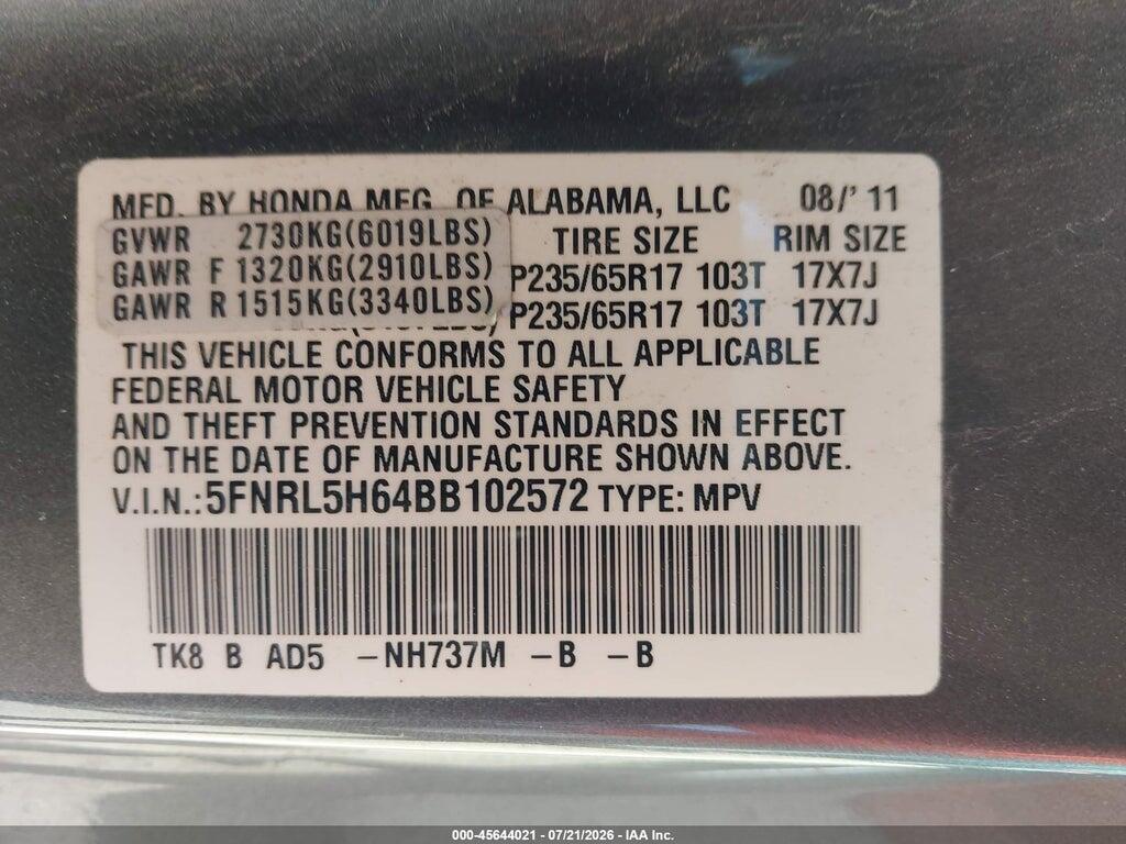 5FNRL5H64BB102572 2011 HONDA ODYSSEY photo no. 9