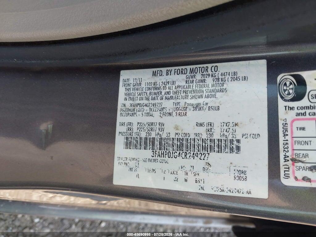 3FAHP0JG4CR249227 2012 FORD FUSION photo no. 9